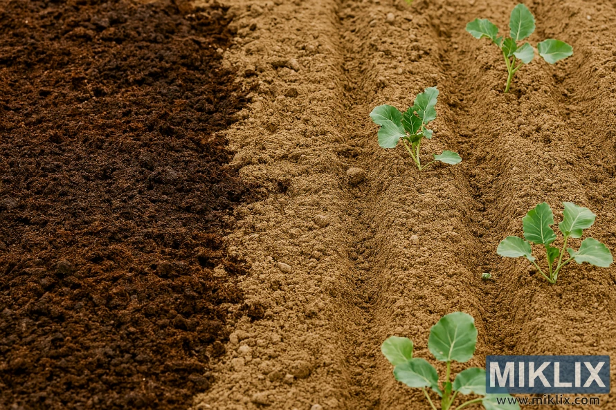 Close-up of garden soil with compost being mixed in and young broccoli plants growing in furrows. Close-up of garden soil with compost being mixed in and young broccoli plants growing in furrows.