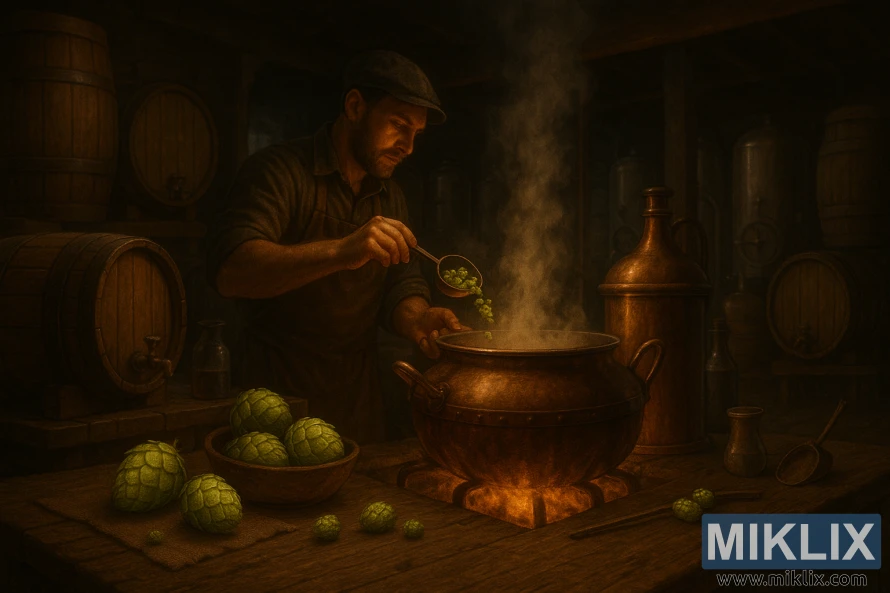 Brewer legger Melba-humle til en kokende vannkoker i et dunkelt, koselig bryggeri med fat, kobberutstyr og gjæringstanker.