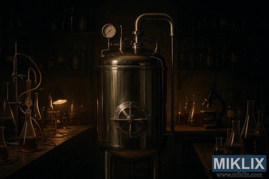Тускло освещенная лаборатория с хромированным бродильным чаном, окруженным научной стеклянной посудой и теплым светом. Тускло освещенная лаборатория с хромированным бродильным чаном, окруженным научной стеклянной посудой и теплым светом.