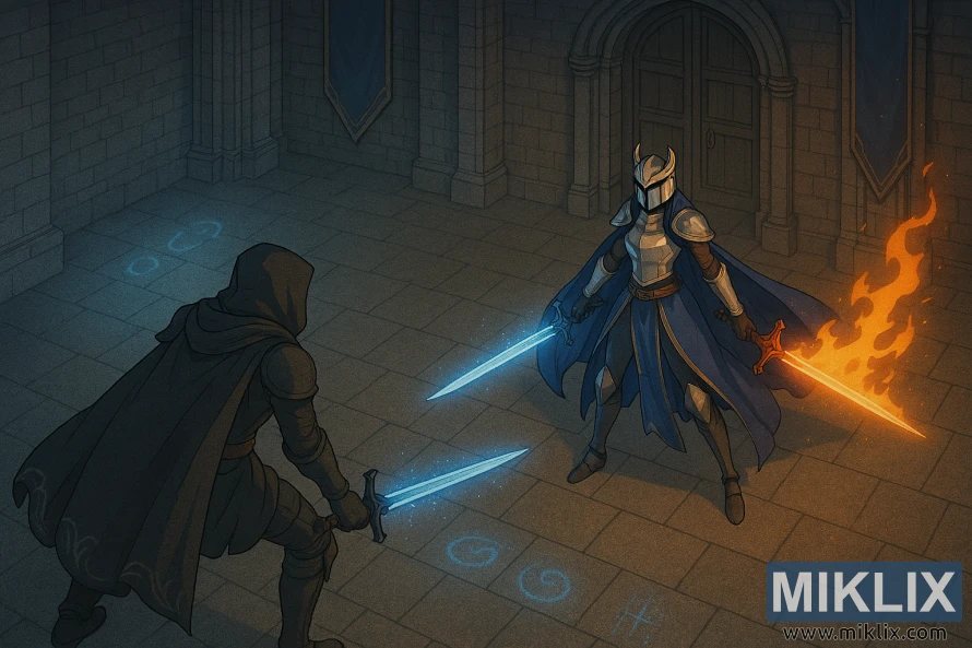 Semi-realistic anime-style fan art of the Tarnished battling Rellana, Twin Moon Knight, in Castle Ensis