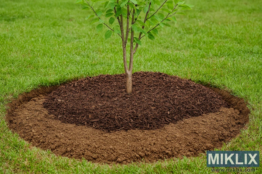 Young serviceberry tree planted in prepared soil with a circular layer of mulch, surrounded by green grass. Young serviceberry tree planted in prepared soil with a circular layer of mulch, surrounded by green grass.