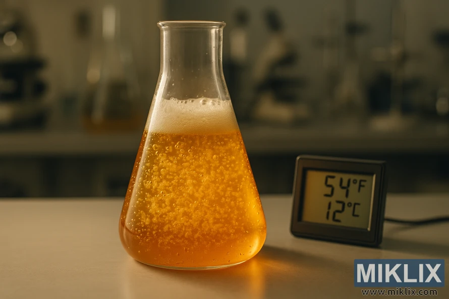 Flask Erlenmeyer na ruwa mai haifuwa na zinari tare da kumfa kusa da ma'aunin zafi da sanyio yana karanta 54°F/12°C akan benci mai santsi.