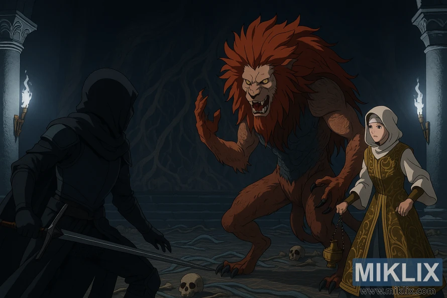 Anime-style illustration of the Tarnished in black armor facing a Leonine Misbegotten and Perfumer Tricia inside a dark, bone-strewn cavern.