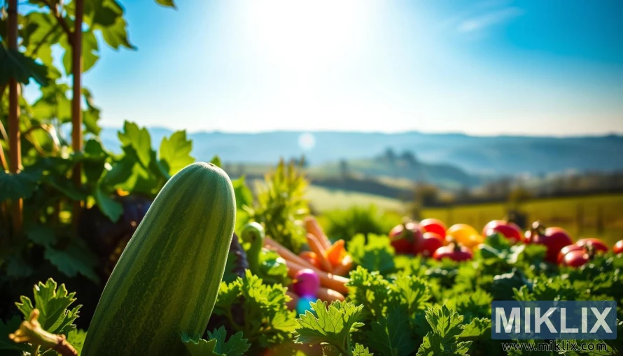 黄金色の太陽と田園風景を背景に、庭の新鮮なキュウリ、葉物野菜、ニンジン、トマト。