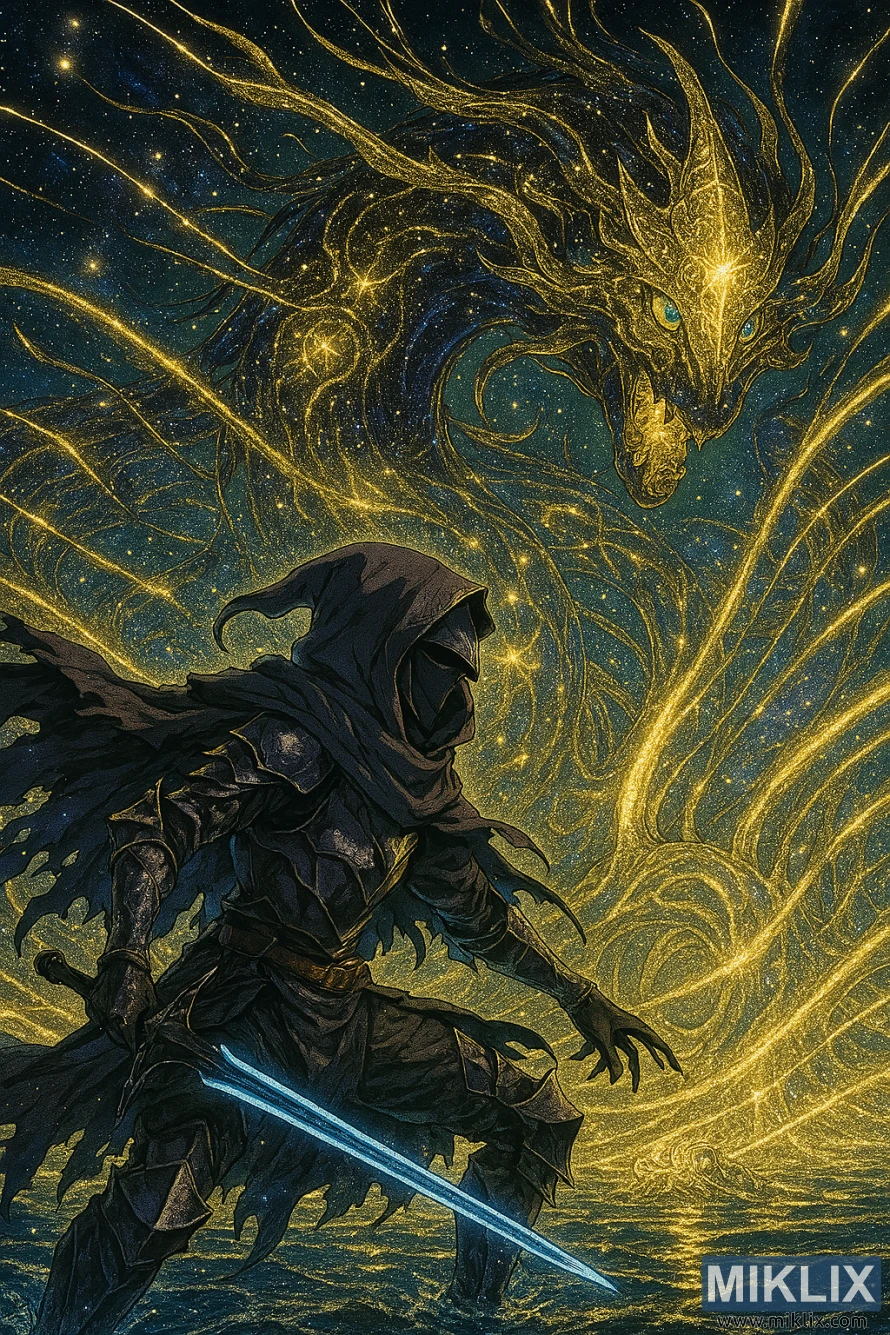 Anime-style fanart of Black Knife armored warrior fighting the Elden Beast in a cosmic battle
