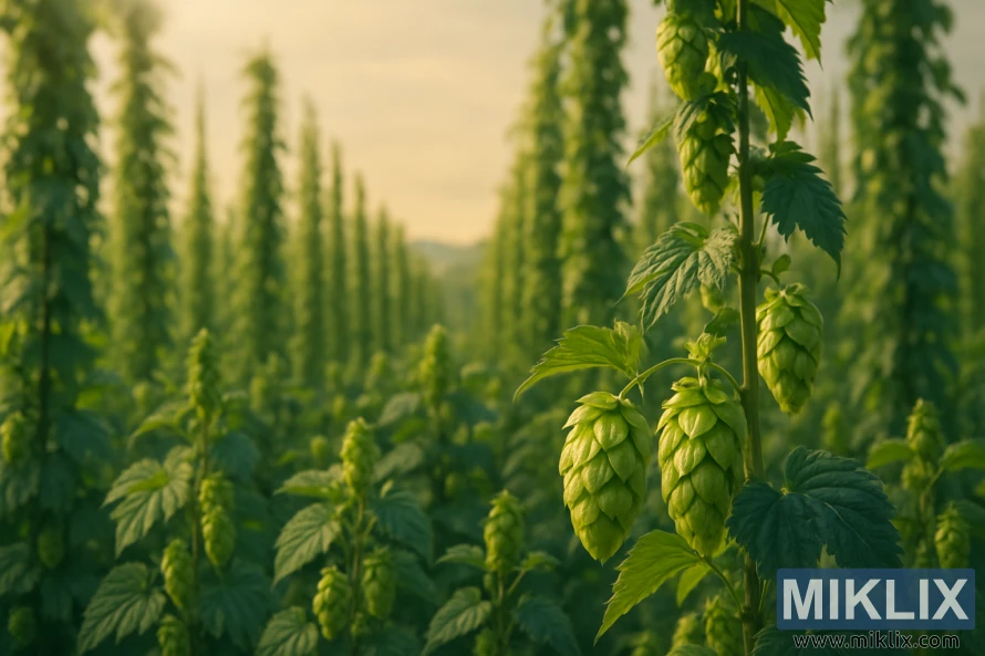 Um campo iluminado pelo sol de lúpulo-de-lobo-de-Estíria, com cones verdes maduros em primeiro plano e filas de lúpulo que se estendem até ao horizonte. Um campo iluminado pelo sol de lúpulo-de-lobo-de-Estíria, com cones verdes maduros em primeiro plano e filas de lúpulo que se estendem até ao horizonte.