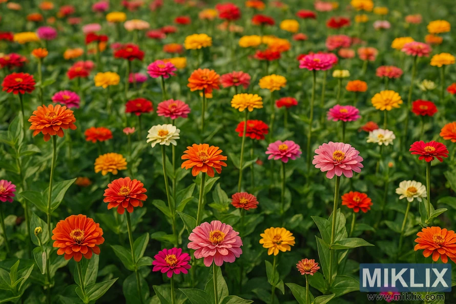 Kleurrijke zinniabloemen bloeien in een weelderige zomertuin met levendige bloemblaadjes en groen blad Kleurrijke zinniabloemen bloeien in een weelderige zomertuin met levendige bloemblaadjes en groen blad