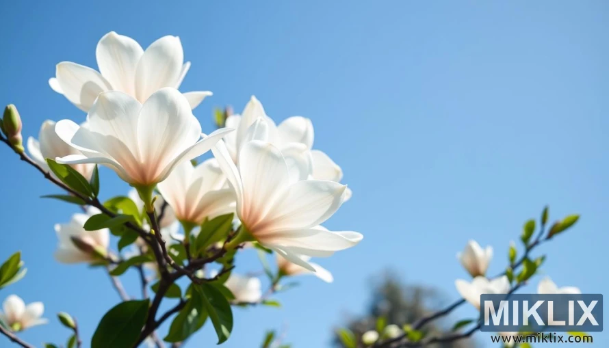 Maua meupe ya magnolia yakiwa yamechanua kabisa kwenye matawi ya miti dhidi ya anga ya buluu safi.