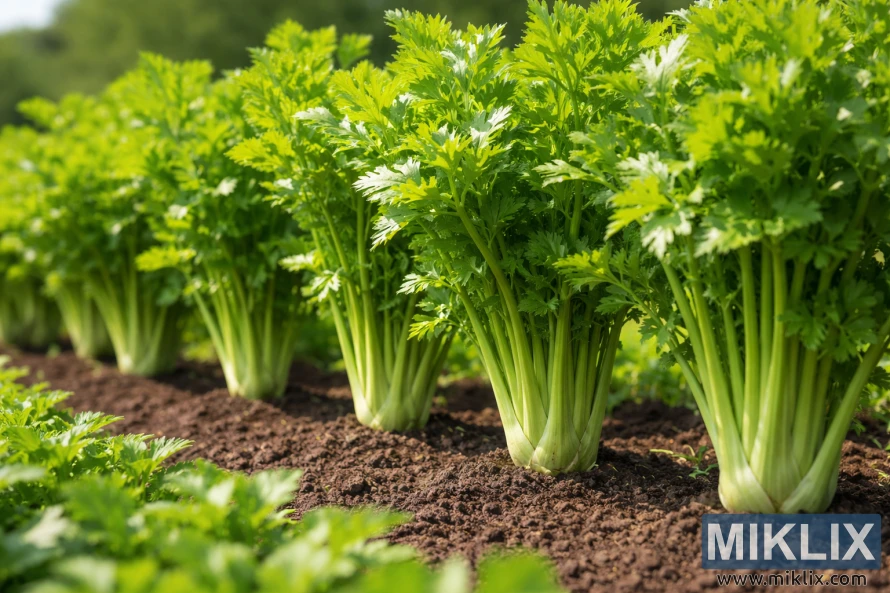 Rresht bimësh selino të shëndetshme jeshile që rriten drejt në tokë të errët kopshti nën rrezet e diellit natyrale