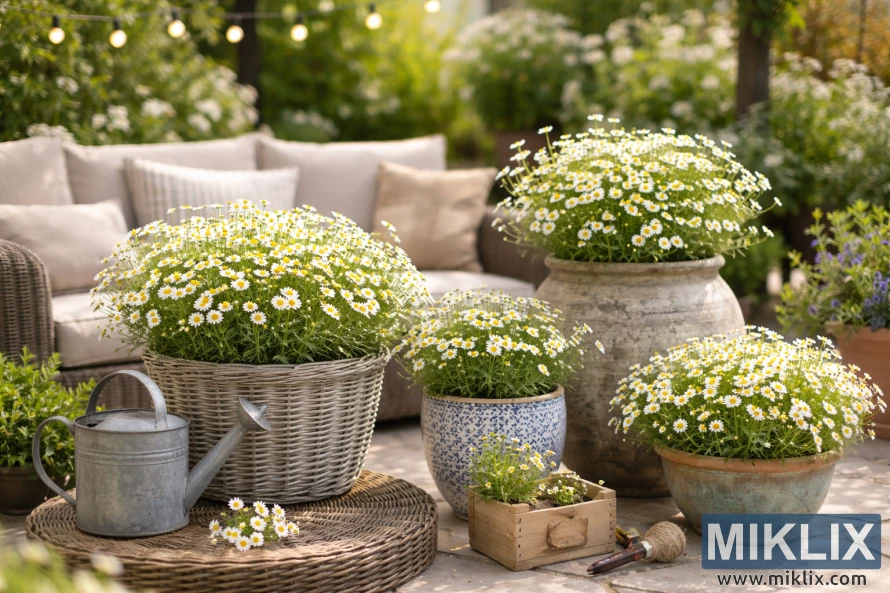 Chamomile plants blooming in decorative pots on a cozy outdoor patio with wicker baskets, ceramic planters, and garden tools in warm sunlight.
