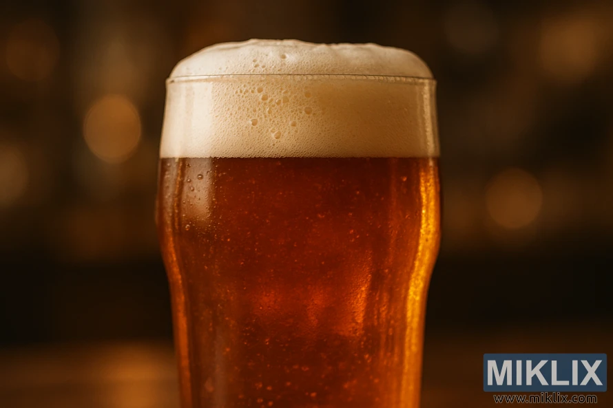 Lähikuva meripihkanvärisestä käsityöoluesta, jossa on kermainen vaahto ja runsaasti sävyjä lämpimässä luonnonvalossa. Lähikuva meripihkanvärisestä käsityöoluesta, jossa on kermainen vaahto ja runsaasti sävyjä lämpimässä luonnonvalossa.