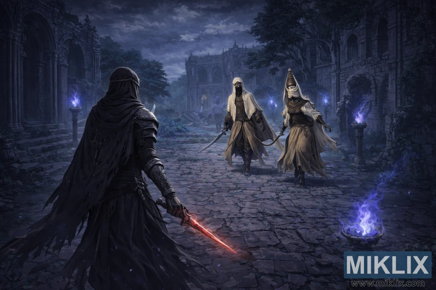 Wide anime style fan art of the Tarnished in Black Knife armor facing the Nox Swordstress and Nox Monk in Sellia Town of Sorcery, with ruined gothic buildings and blue flames in the background. Wide anime style fan art of the Tarnished in Black Knife armor facing the Nox Swordstress and Nox Monk in Sellia Town of Sorcery, with ruined gothic buildings and blue flames in the background.