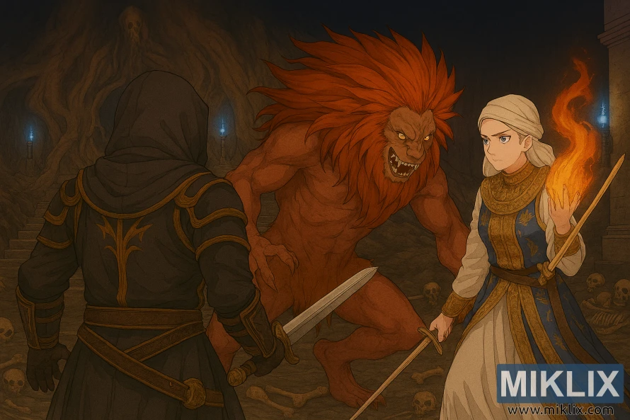 Anime-style fan art of the Tarnished in Black Knife armor facing Perfumer Tricia and Misbegotten Warrior in a dark fantasy dungeon