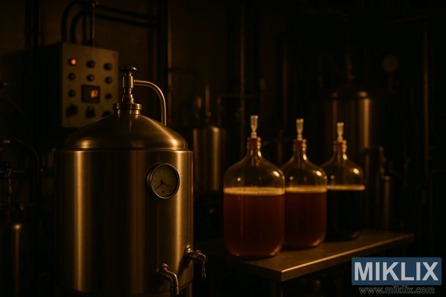 Pabrik bir sing surem kanthi fermentasi baja tahan karat lan carboy kaca amber sing mencorong.