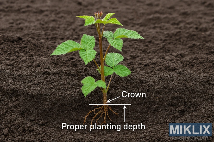Gervuogės sodinimo gylis teisingas, viršūnė virš dirvos linijos Gervuogės sodinimo gylis teisingas, viršūnė virš dirvos linijos