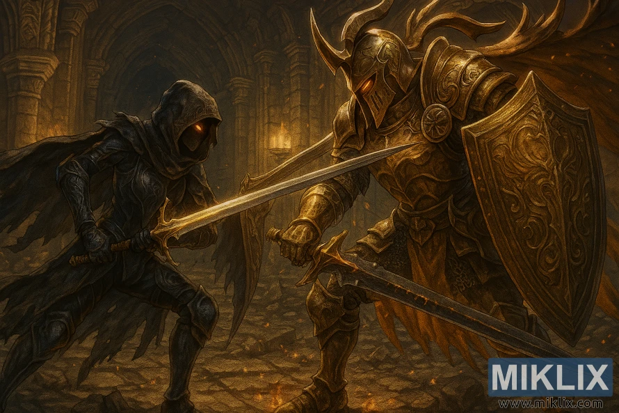 Anime-style fan art of the Tarnished in Black Knife armor battling Crucible Knight Ordovis inside Auriza Hero's Grave from Elden Ring.