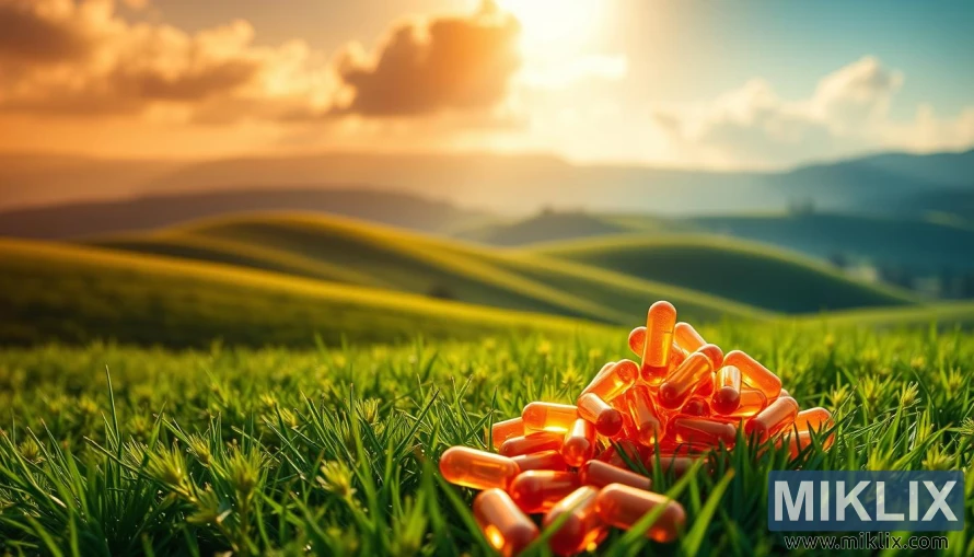 AAKG-kosttilskud, der gløder i en solbeskinnet eng med bølgende bakker i baggrunden. AAKG-kosttilskud, der gløder i en solbeskinnet eng med bølgende bakker i baggrunden.