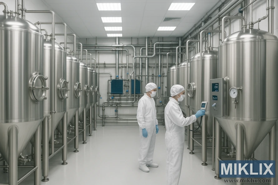 Moderne pilsnergjæranlegg med rustfrie tanker og teknikere i renromsantrekk.