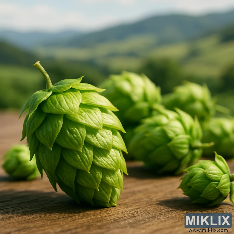 Nærbilde av friske Motueka-humlekjegler på tre med bølgende åser fra New Zealand uskarpe i bakgrunnen under mykt, naturlig lys.