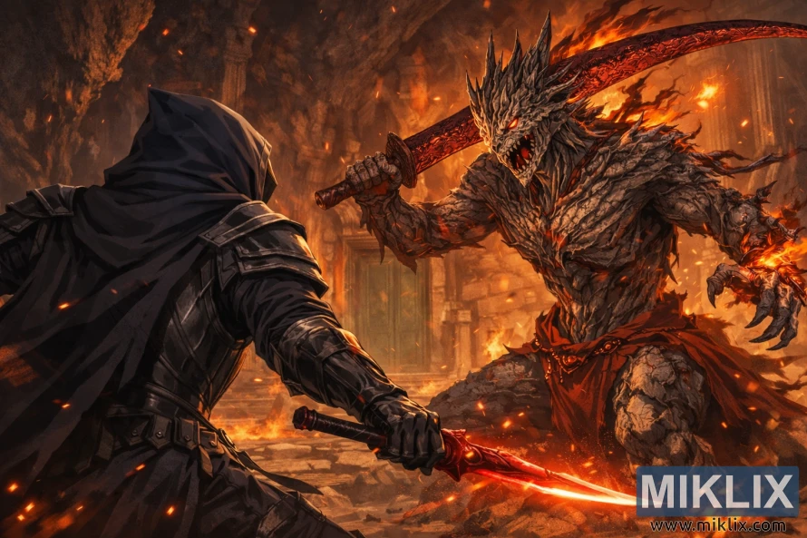 Anime-style fan art showing the Tarnished in Black Knife armor seen from behind, dueling the Ancient Dragon-Man inside a fiery cavern in Elden Ring.