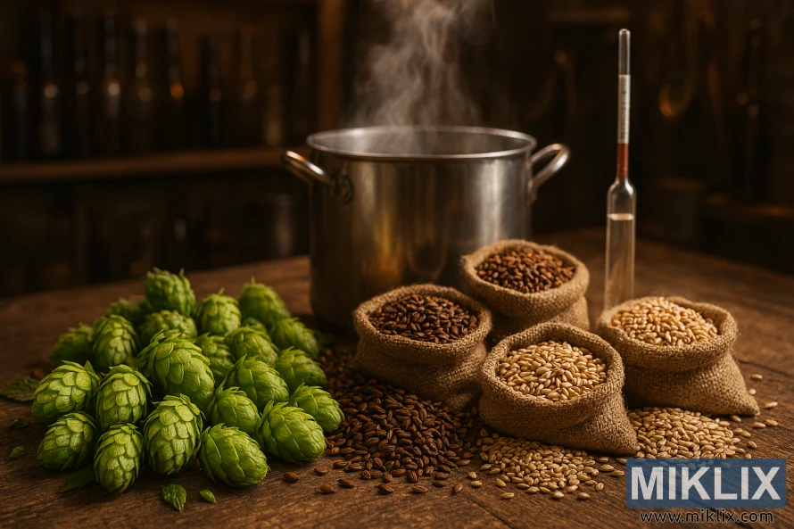 Pohľad zhora na chmeľ Pacific Gem, sladové zrná a pivovarnícke zariadenie na rustikálnom stole