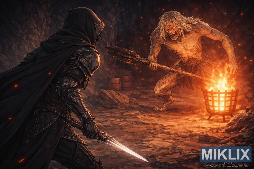 Anime style fan art of a Black Knife armored Tarnished seen from behind confronting a towering Scaly Misbegotten boss in a fiery cave before battle.