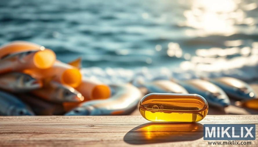 മത്സ്യത്തിന്റെയും സമുദ്രത്തിന്റെയും പശ്ചാത്തലത്തിൽ മരത്തിൽ സ്വർണ്ണ മത്സ്യ എണ്ണ കൊണ്ടുള്ള ഗ്ലാസ് കാപ്സ്യൂൾ. മത്സ്യത്തിന്റെയും സമുദ്രത്തിന്റെയും പശ്ചാത്തലത്തിൽ മരത്തിൽ സ്വർണ്ണ മത്സ്യ എണ്ണ കൊണ്ടുള്ള ഗ്ലാസ് കാപ്സ്യൂൾ.