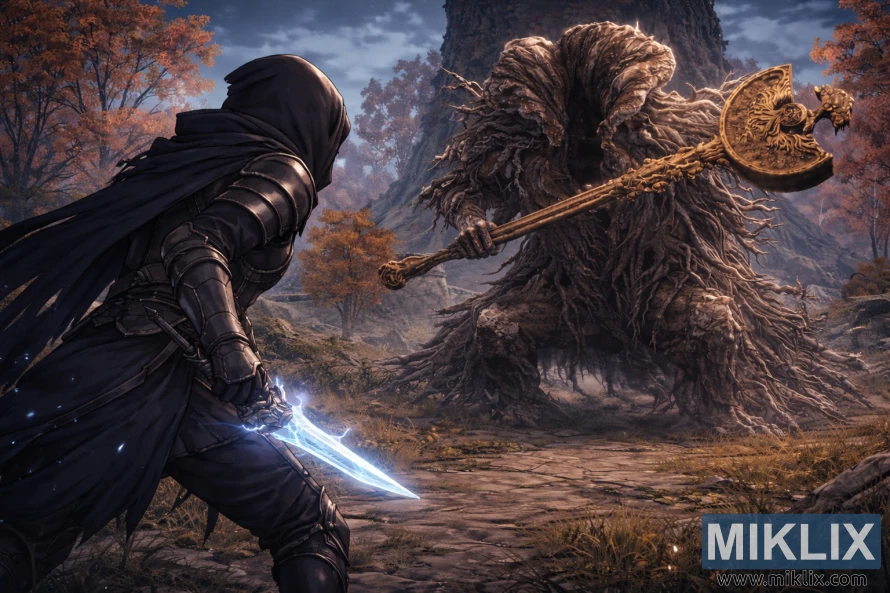 Anime style Elden Ring fan art showing the Tarnished on the left confronting an enormous Erdtree Avatar towering over the battlefield before combat.