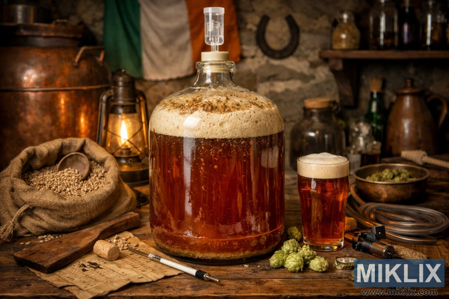 Glass carboy of fermenting Irish ale on a wooden table with hops, barley, and brewing tools in a rustic Irish setting.