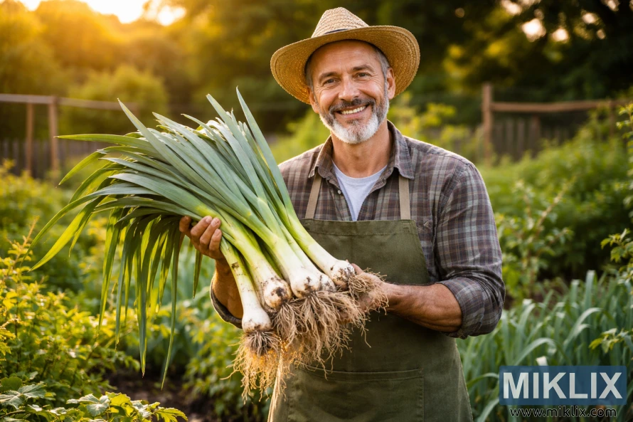 Smiling gardener in a home vegetable garden holding a bundle of freshly harvested leeks in warm afternoon light.