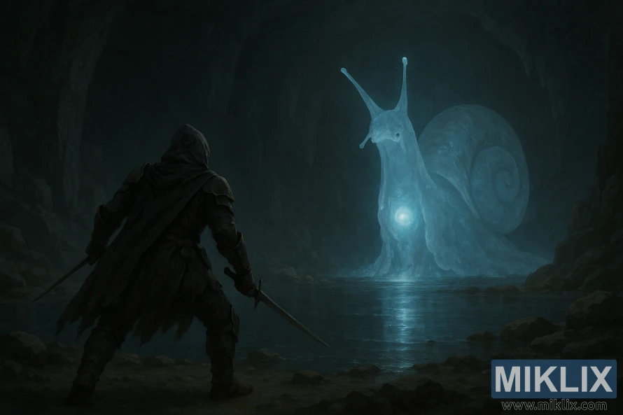 Un guerrier du Couteau Noir s'approche de l'Escargot Invocateur d'Esprits lumineux à l'intérieur d'une caverne sombre mais éclairée. Un guerrier du Couteau Noir s'approche de l'Escargot Invocateur d'Esprits lumineux à l'intérieur d'une caverne sombre mais éclairée.