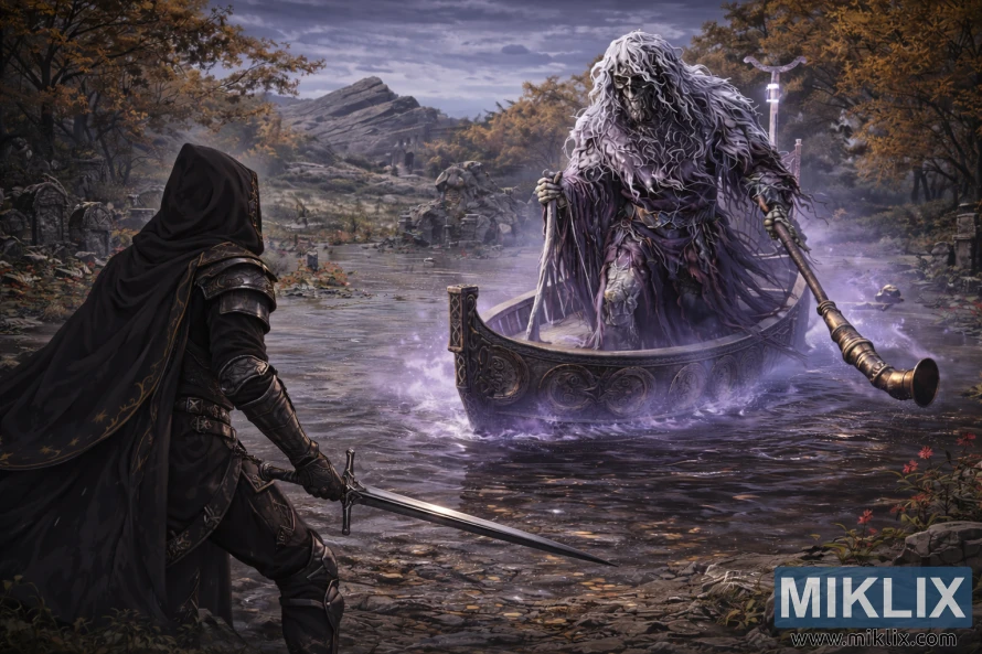 Anime fantasy scene of a hooded armored warrior with a sword on the left facing a towering ghostly skeletal boatman in a flooded autumn ruin. Anime fantasy scene of a hooded armored warrior with a sword on the left facing a towering ghostly skeletal boatman in a flooded autumn ruin.