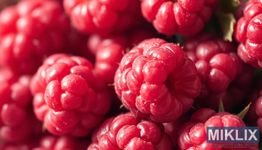 Թարմ, գեր ազնվամորիների խոշոր պլան՝ փայլուն, վարդագույն-կարմիր մակերեսներով, մեղմ լույսի ներքո: