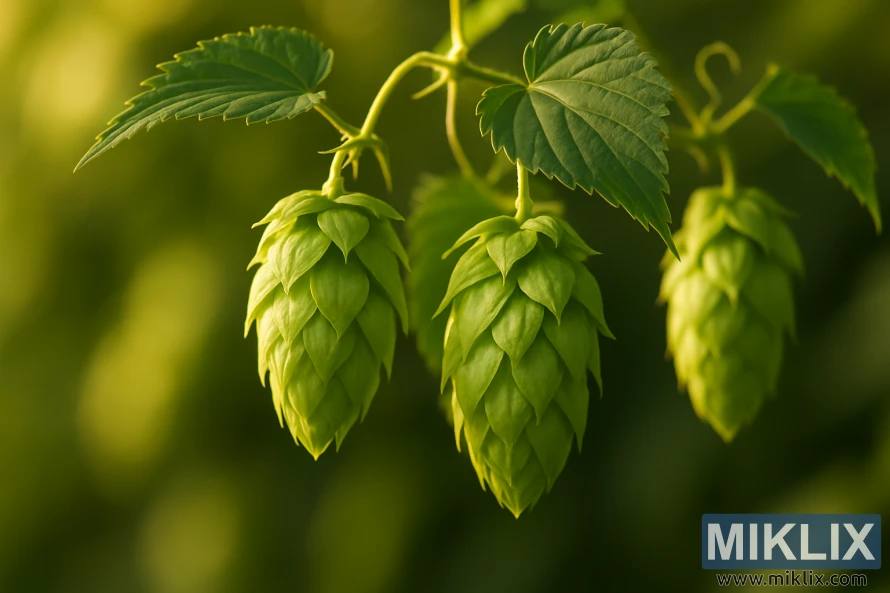 Nærbillede af lysegrønne humlekogler oplyst af varmt gyldent sollys mod en blødt sløret baggrund. Nærbillede af lysegrønne humlekogler oplyst af varmt gyldent sollys mod en blødt sløret baggrund.