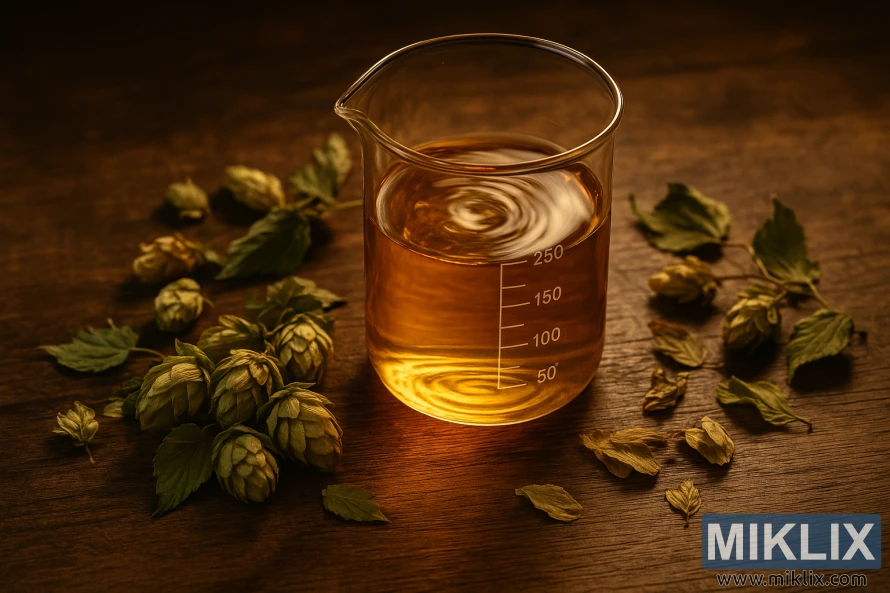 Хатаасан хоп боргоцой, навчаар хүрээлэгдсэн эргэлдэж буй алтан шингэнтэй шилэн аяга, дулаан гэрлийн дор тансаг модон ширээн дээр. Хатаасан хоп боргоцой, навчаар хүрээлэгдсэн эргэлдэж буй алтан шингэнтэй шилэн аяга, дулаан гэрлийн дор тансаг модон ширээн дээр.