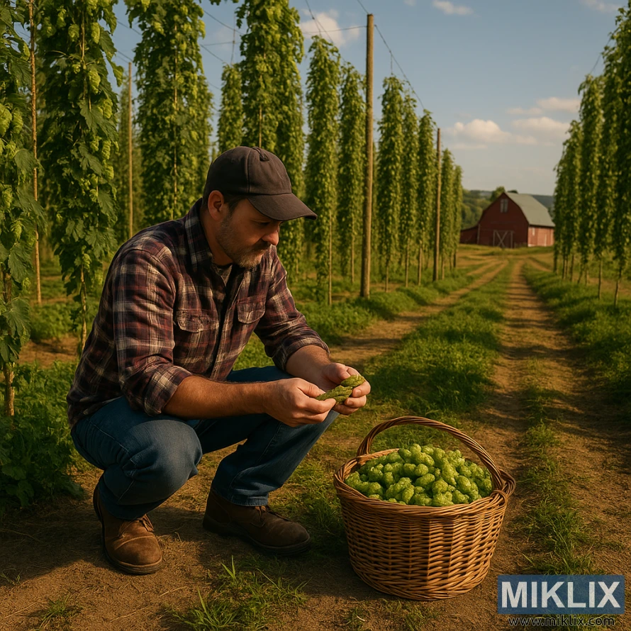 Bonde i flanell undersøker humlekjegler i et solrikt felt med espalier, en rød låve og en kurv med nyhøstet humle.