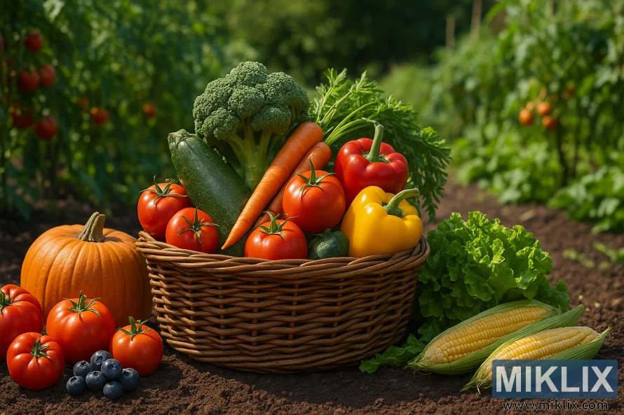 Wicker basket overflowing with tomatoes, carrots, broccoli, zucchini, and peppers on garden soil.