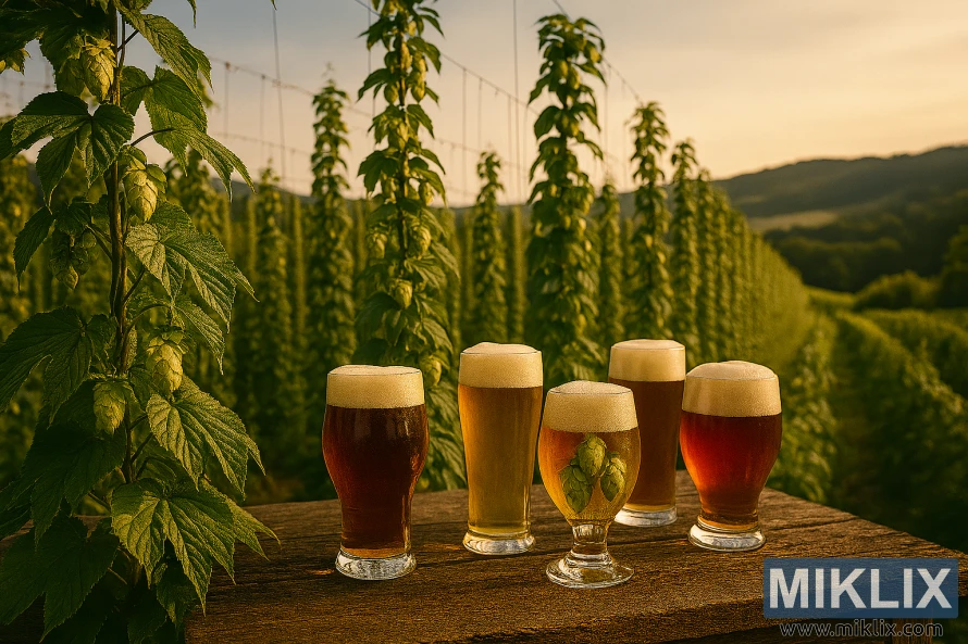 Обширное хмельное поле с решетчатыми побегами и сверкающими шишками под теплыми золотистыми солнечными лучами Обширное хмельное поле с решетчатыми побегами и сверкающими шишками под теплыми золотистыми солнечными лучами