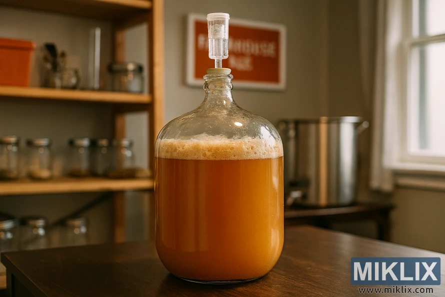 Staklena demižona za fermentaciju norveškog seoskog piva na rustikalnom stolu u kućnom pivarskom okruženju