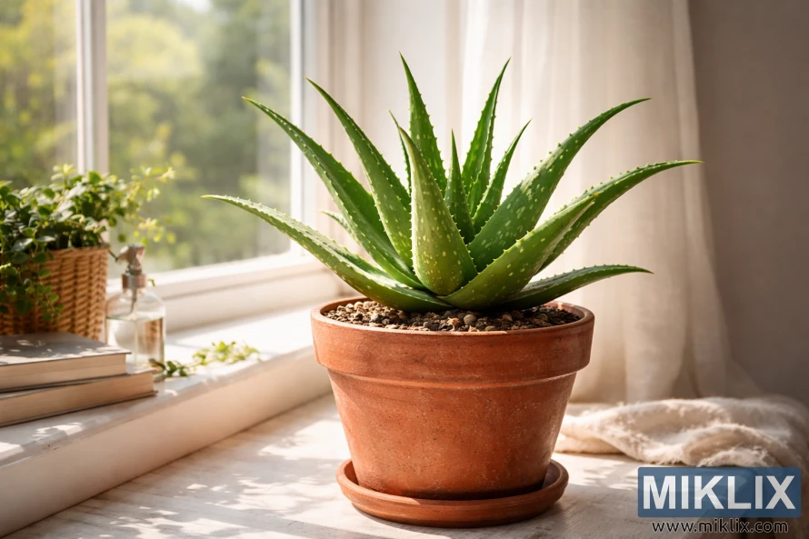 A healthy aloe vera plant in a terracotta pot sits on a sunlit windowsill with soft curtains, books, and other houseplants in the background. A healthy aloe vera plant in a terracotta pot sits on a sunlit windowsill with soft curtains, books, and other houseplants in the background.
