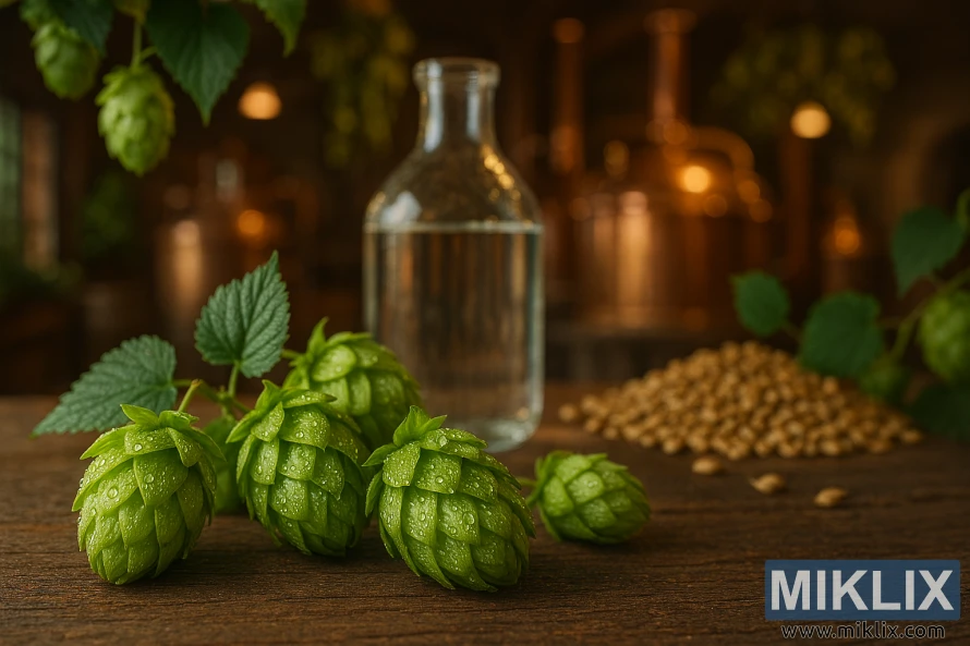Close-up of dew-covered Sladek hops with brewing equipment and copper kettles in a cozy brewery setting