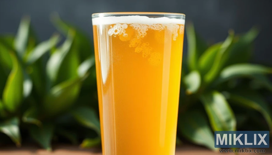 Primer pla de kombucha efervescent en un got amb bombolles de colors i fulles de te verd borroses al fons. Primer pla de kombucha efervescent en un got amb bombolles de colors i fulles de te verd borroses al fons.