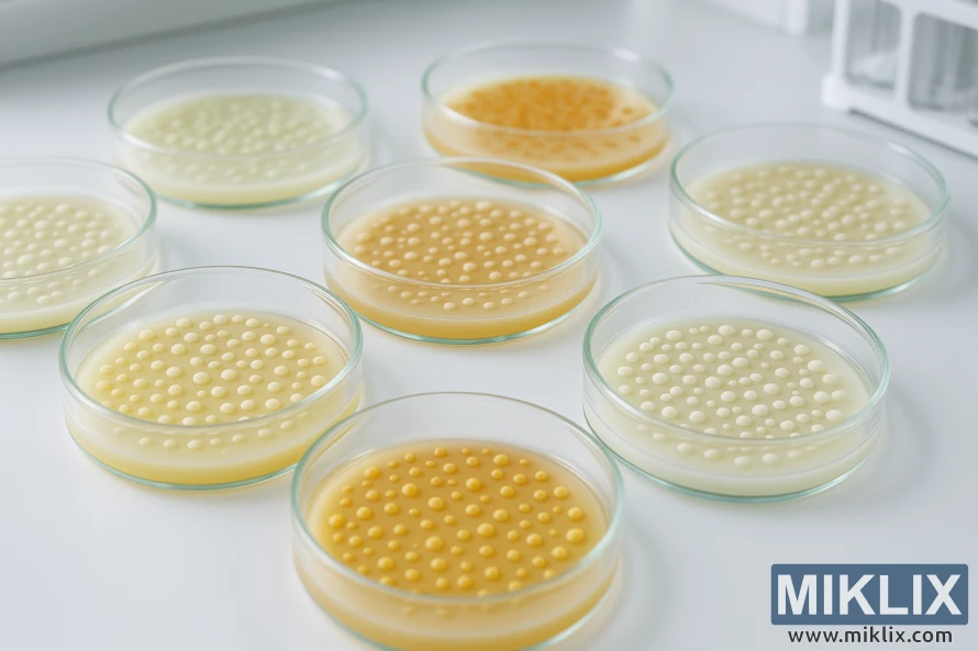 Петриеви садови што содржат повеќе култури на пивски квасец наредени на чиста лабораториска површина. Петриеви садови што содржат повеќе култури на пивски квасец наредени на чиста лабораториска површина.