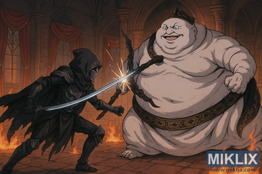 Yanayin yaƙi irin na Anime na wani Baƙar fata mai sulke mai sulke yana cin karo da takuba tare da Godskin Noble a cikin Volcano Manor.