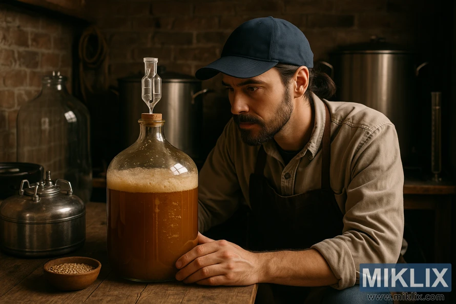 A homebrewer in a rustic workshop intently monitors a glass carboy filled with fermenting beer, surrounded by brewing equipment and warm light. A homebrewer in a rustic workshop intently monitors a glass carboy filled with fermenting beer, surrounded by brewing equipment and warm light.