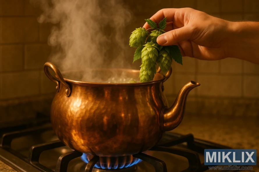 ਗੈਸ ਚੁੱਲ੍ਹੇ 'ਤੇ ਤਾਂਬੇ ਦੀ ਕੇਤਲੀ ਜਿਸ ਵਿੱਚੋਂ ਤਾਜ਼ੇ ਹਰੇ ਹੌਪਸ ਹੱਥ ਨਾਲ ਪਾਉਣ ਨਾਲ ਭਾਫ਼ ਉੱਠਦੀ ਹੈ। ਗੈਸ ਚੁੱਲ੍ਹੇ 'ਤੇ ਤਾਂਬੇ ਦੀ ਕੇਤਲੀ ਜਿਸ ਵਿੱਚੋਂ ਤਾਜ਼ੇ ਹਰੇ ਹੌਪਸ ਹੱਥ ਨਾਲ ਪਾਉਣ ਨਾਲ ਭਾਫ਼ ਉੱਠਦੀ ਹੈ।