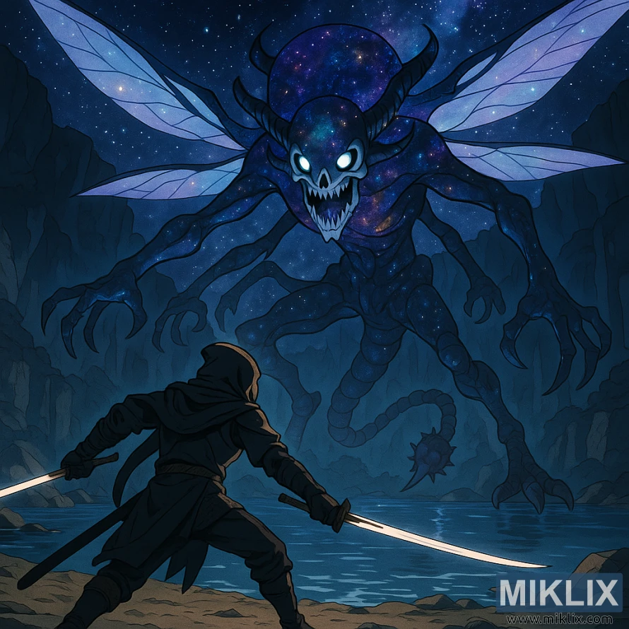 An anime-style Black Knife warrior dual-wielding katanas facing the cosmic entity Astel in a vast underground cavern. An anime-style Black Knife warrior dual-wielding katanas facing the cosmic entity Astel in a vast underground cavern.