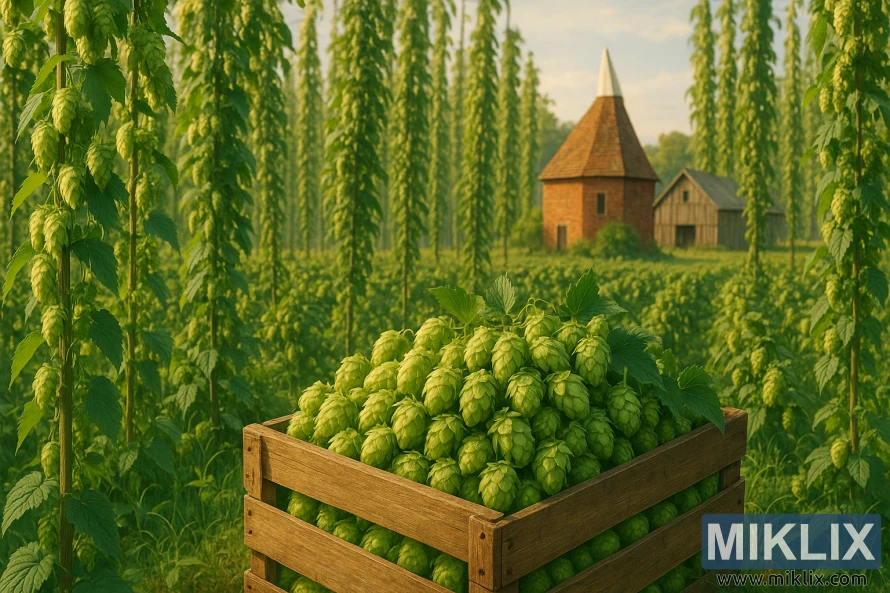Lesena zabojnica, napolnjena s svežim zelenim hmeljem, v ospredju bujnega hmeljevega polja, v ozadju pa peč iz rdeče opeke in obrabljen skedenj.