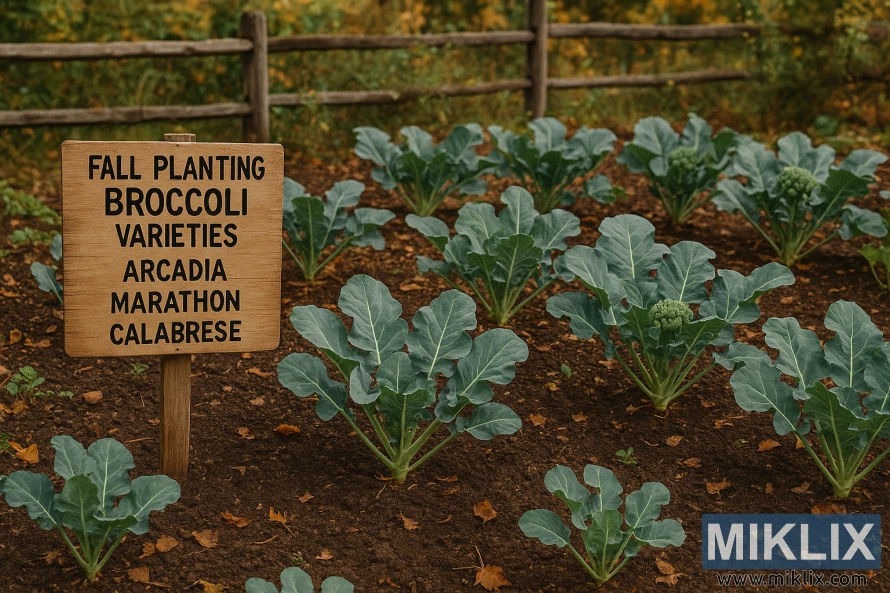 Fall vegetable garden with rows of broccoli plants labeled Arcadia, Marathon, and Calabrese in rich brown soil beside a wooden fence and autumn leaves. Fall vegetable garden with rows of broccoli plants labeled Arcadia, Marathon, and Calabrese in rich brown soil beside a wooden fence and autumn leaves.