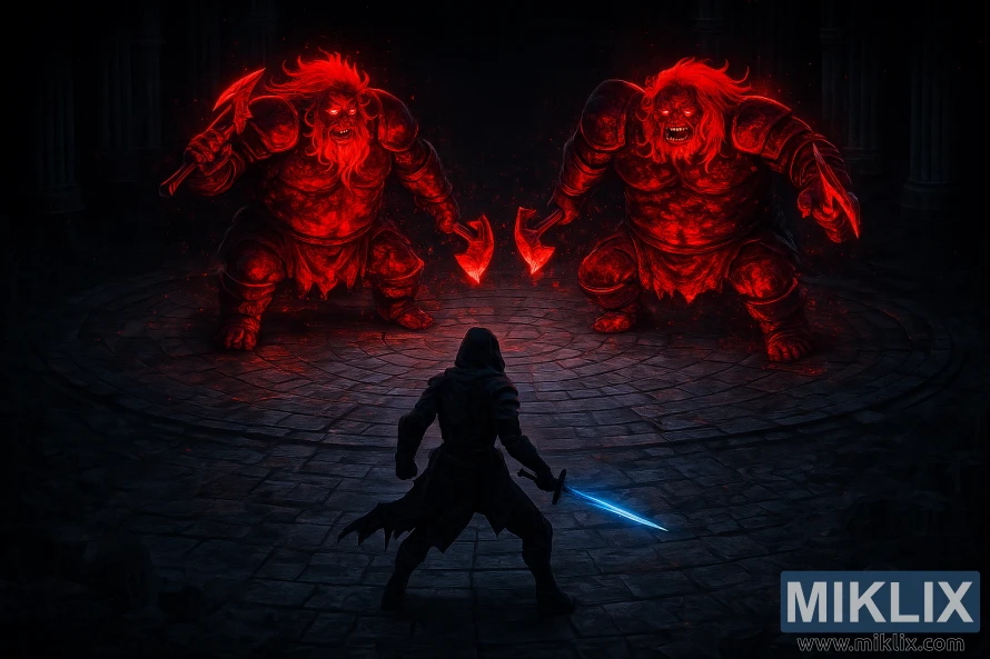 Vientuļš Aptraipītais stāv apaļā akmens arēnā, vērsts pret diviem masīviem, sarkanīgi mirdzošiem Fell Dvīņiem, kas tur cirvjus, izgaismoti tumsā no augšas.